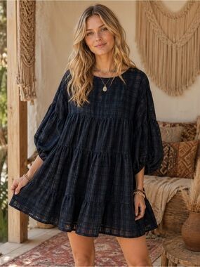 Day + Moon Navy Blue Plaid Babydoll Mini Dress Size Large Boho Puff Sleeve
